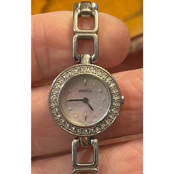 Women's 20mm Silver Tone Pulsar Watch, MOP Face, Crystal Accented Bezel - Picture 3 of 3